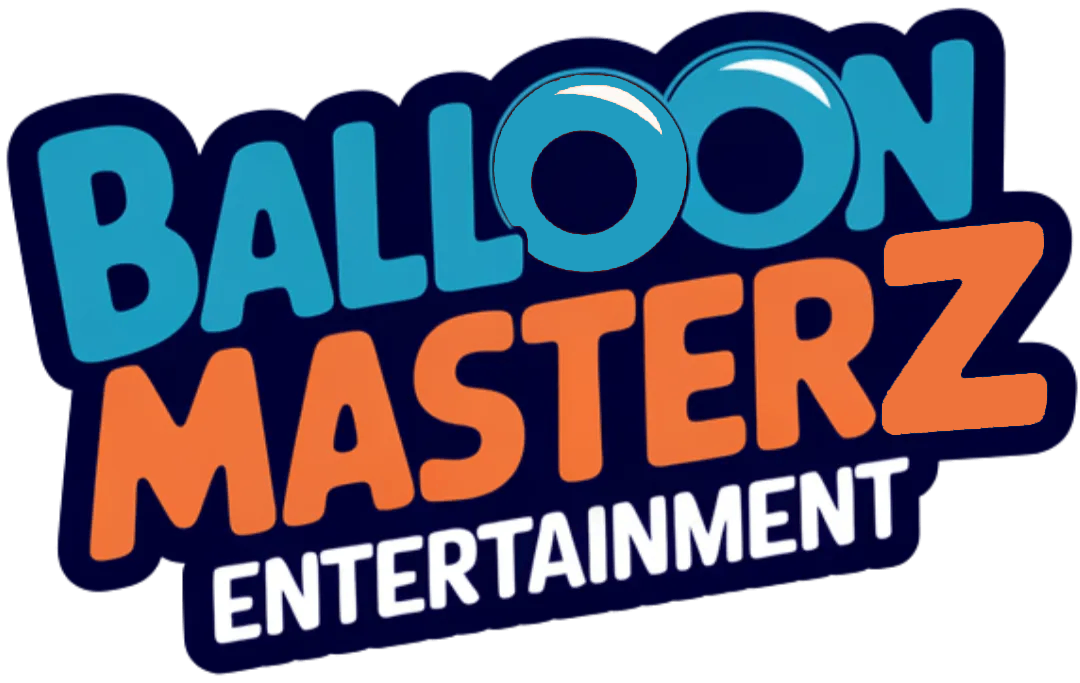 Logo for Balloon Masterz Entertainment: Blue text with orange accents, featuring balloon art.