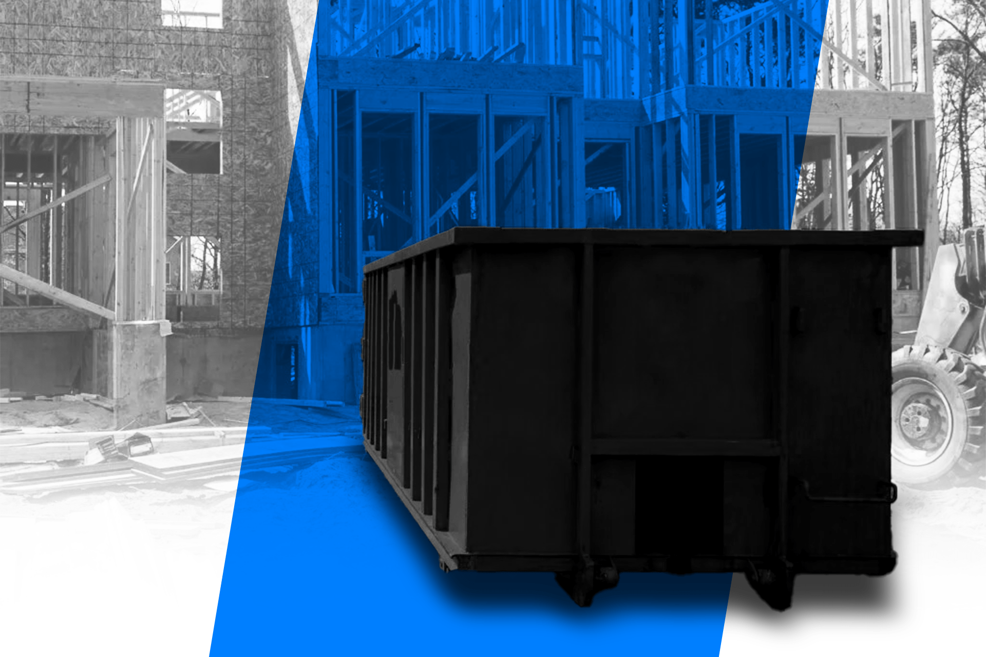 a black dumpster is sitting in front of a building under construction .