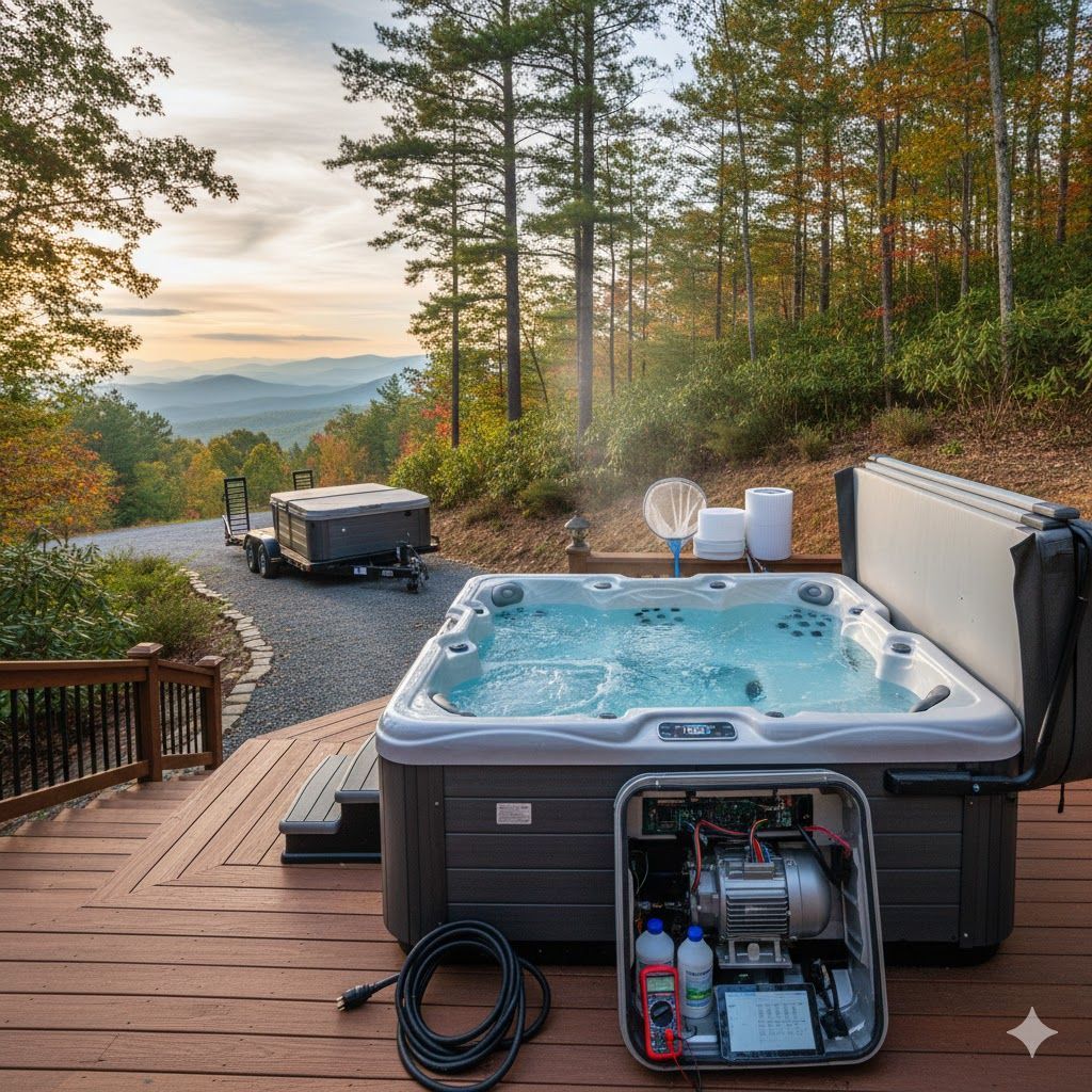 Hot tub on a wooden deck overlooking mountains; portable spa in background.