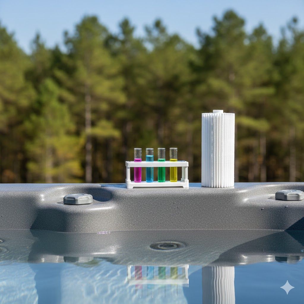 Test tubes with colorful liquids and filter next to hot tub, with treeline background.
