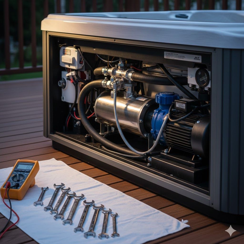 Hot tub with internal components exposed for maintenance, tools and multimeter on a towel nearby.