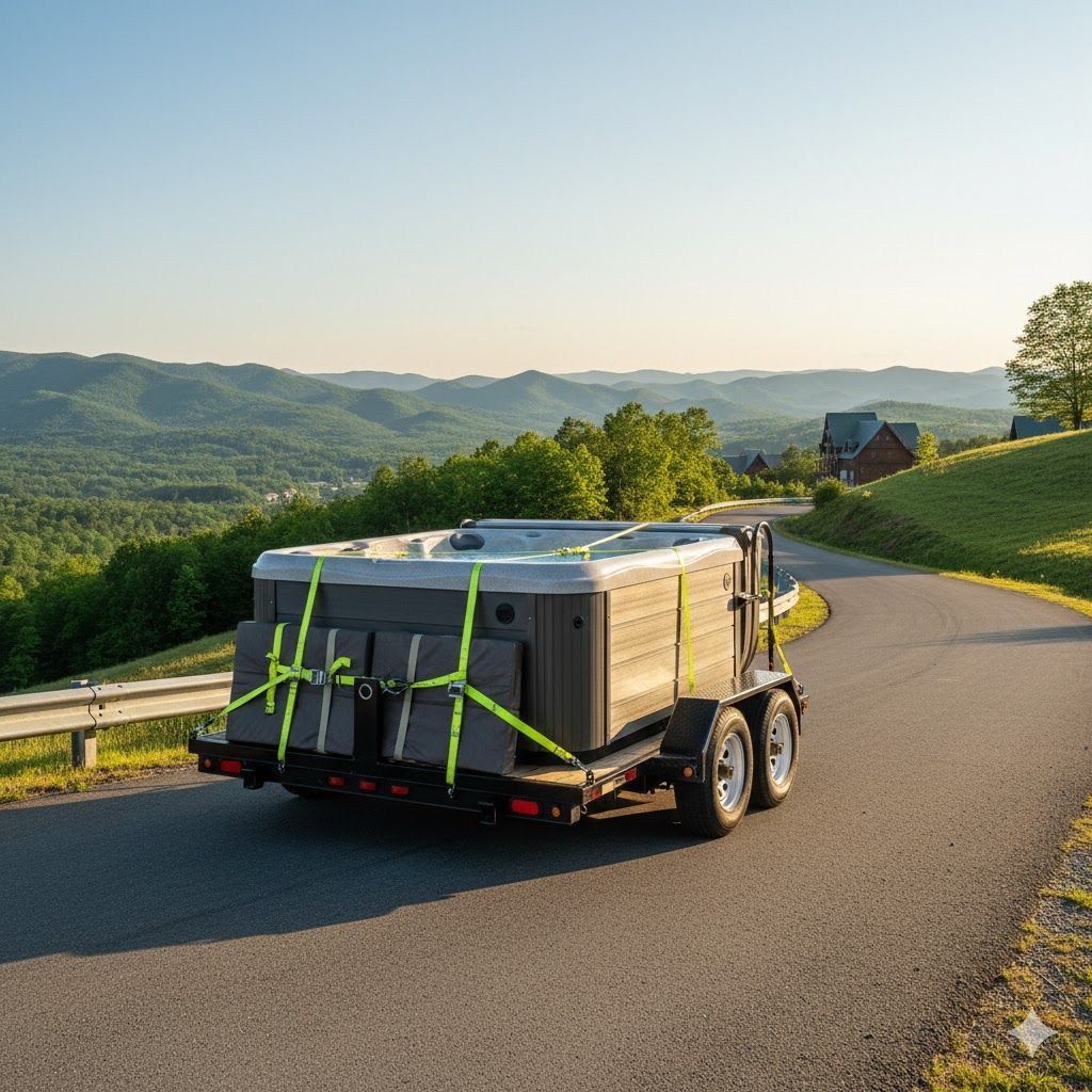 A hot tub secured to a trailer on a winding road with green hills in the background.