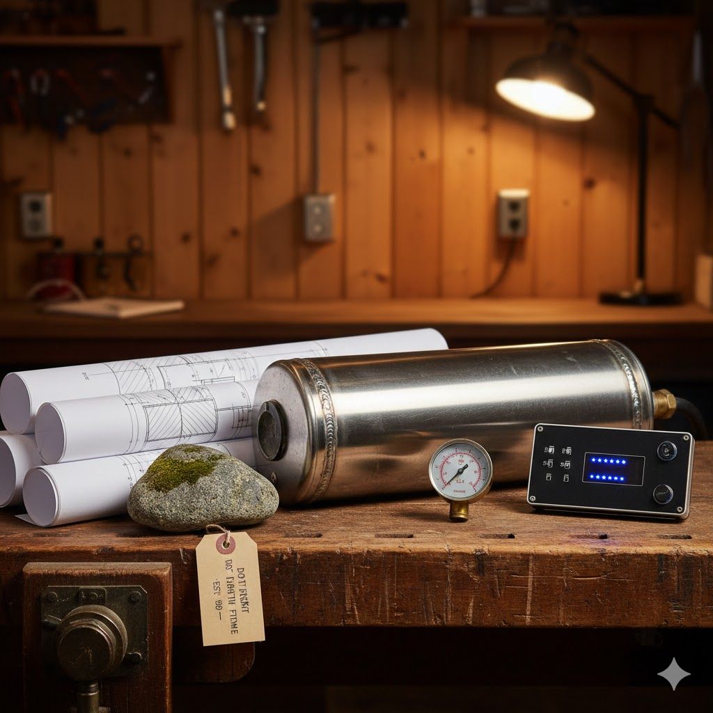 Workbench with blueprints, silver tank, gauge, control panel, and rock; workshop setting.