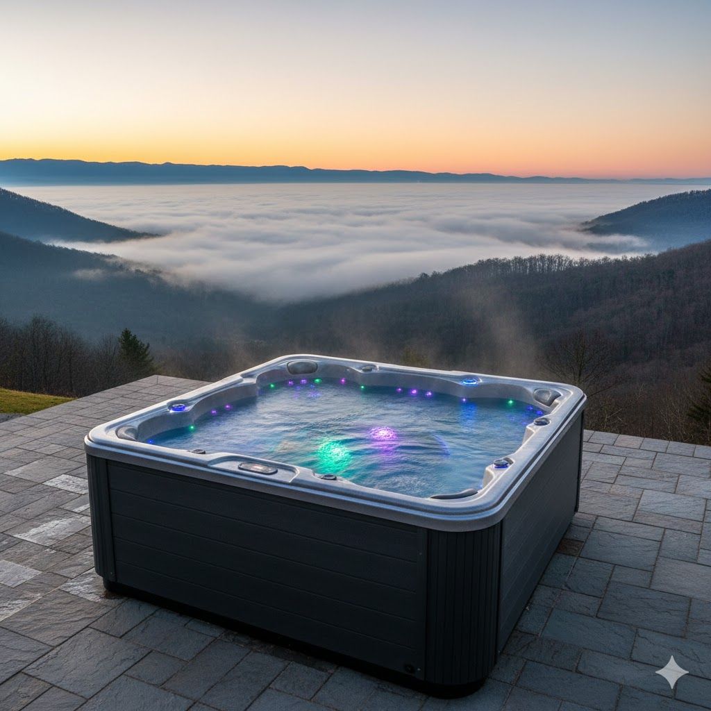 Hot tub on a patio overlooking a valley filled with fog at sunset.