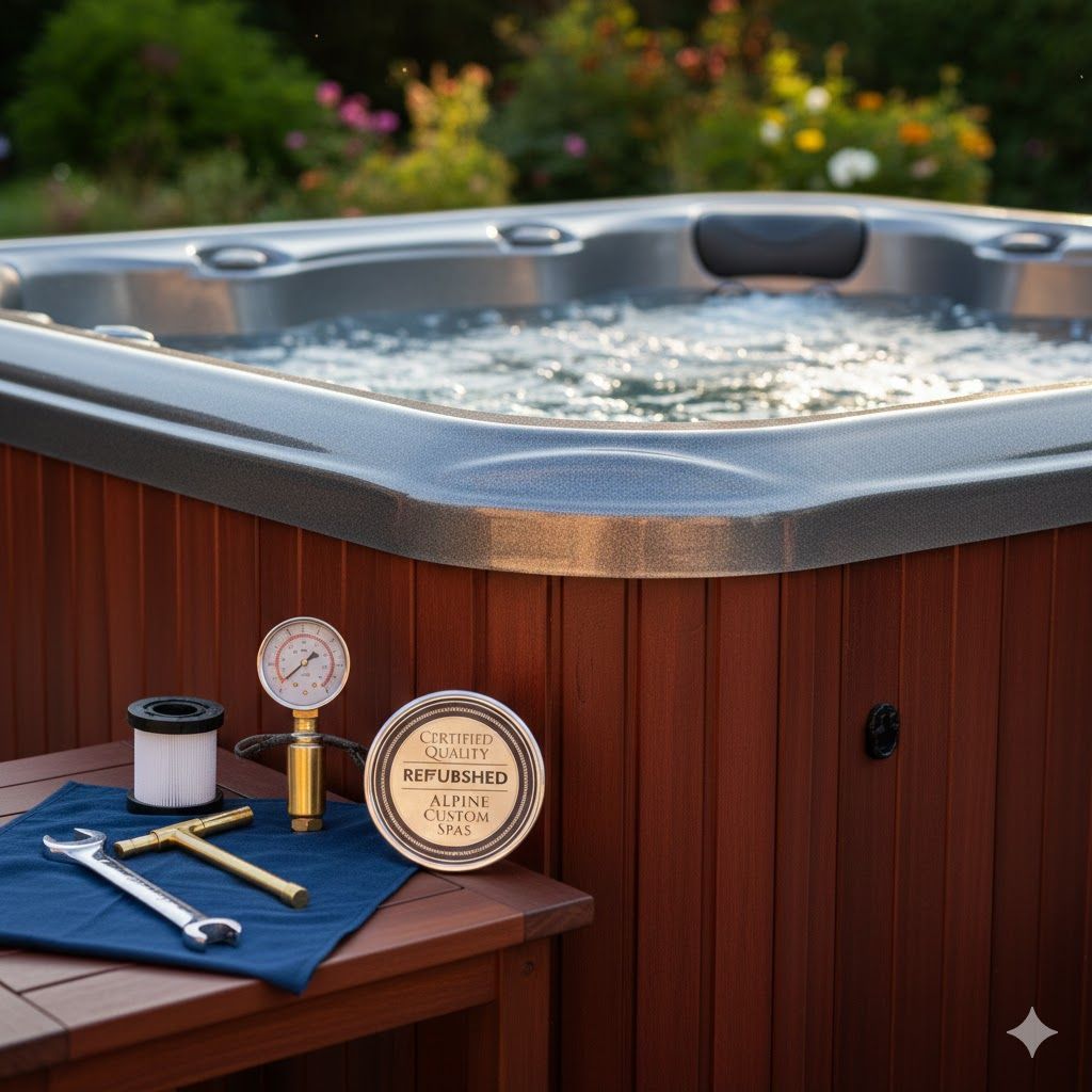 Hot tub with accessories on wooden table outdoors.