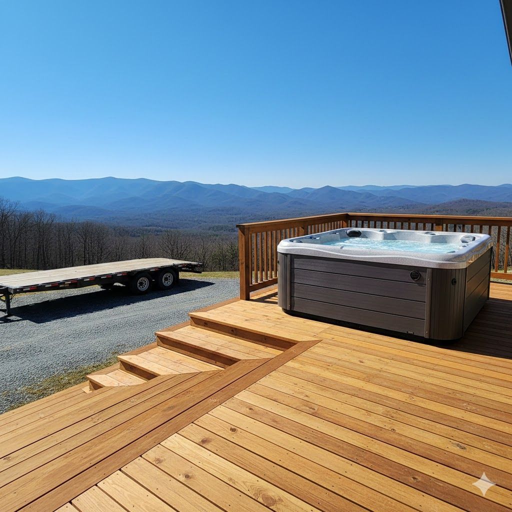 Wooden deck with hot tub, trailer, and mountain view under blue sky.