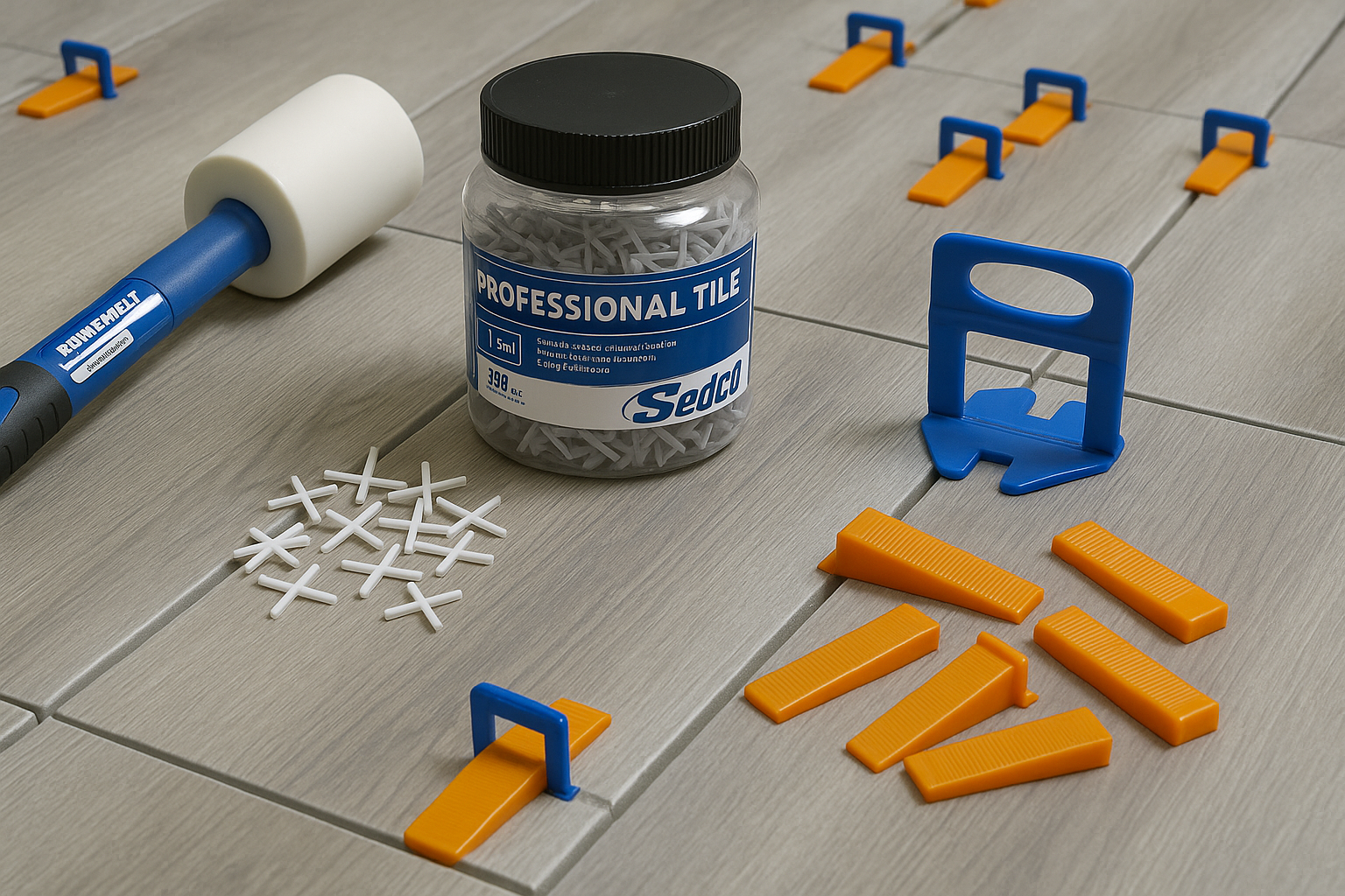 Herramientas para instalación de losas sobre piso gris claro: mazo de goma, piezas del sistema de nivelación, separadores de losetas y recipiente con niveladores profesionales para losas.