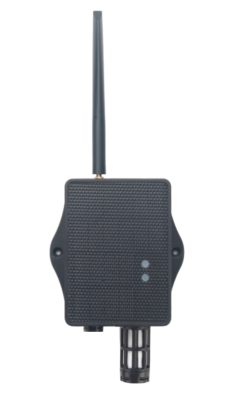 Een rechthoekig zwart elektronisch sensorapparaat met een antenne aan de bovenkant, twee statuslampjes en een naar beneden gerichte sonde.