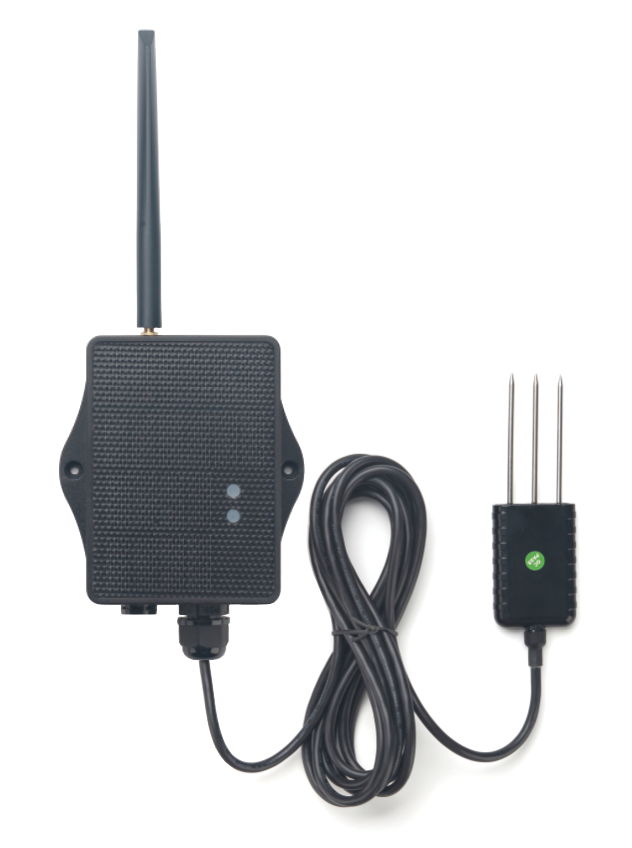 Een zwarte draadloze bodemvochtigheidssensor met een lange antenne, die via een kabel is verbonden met een driepuntige sonde.