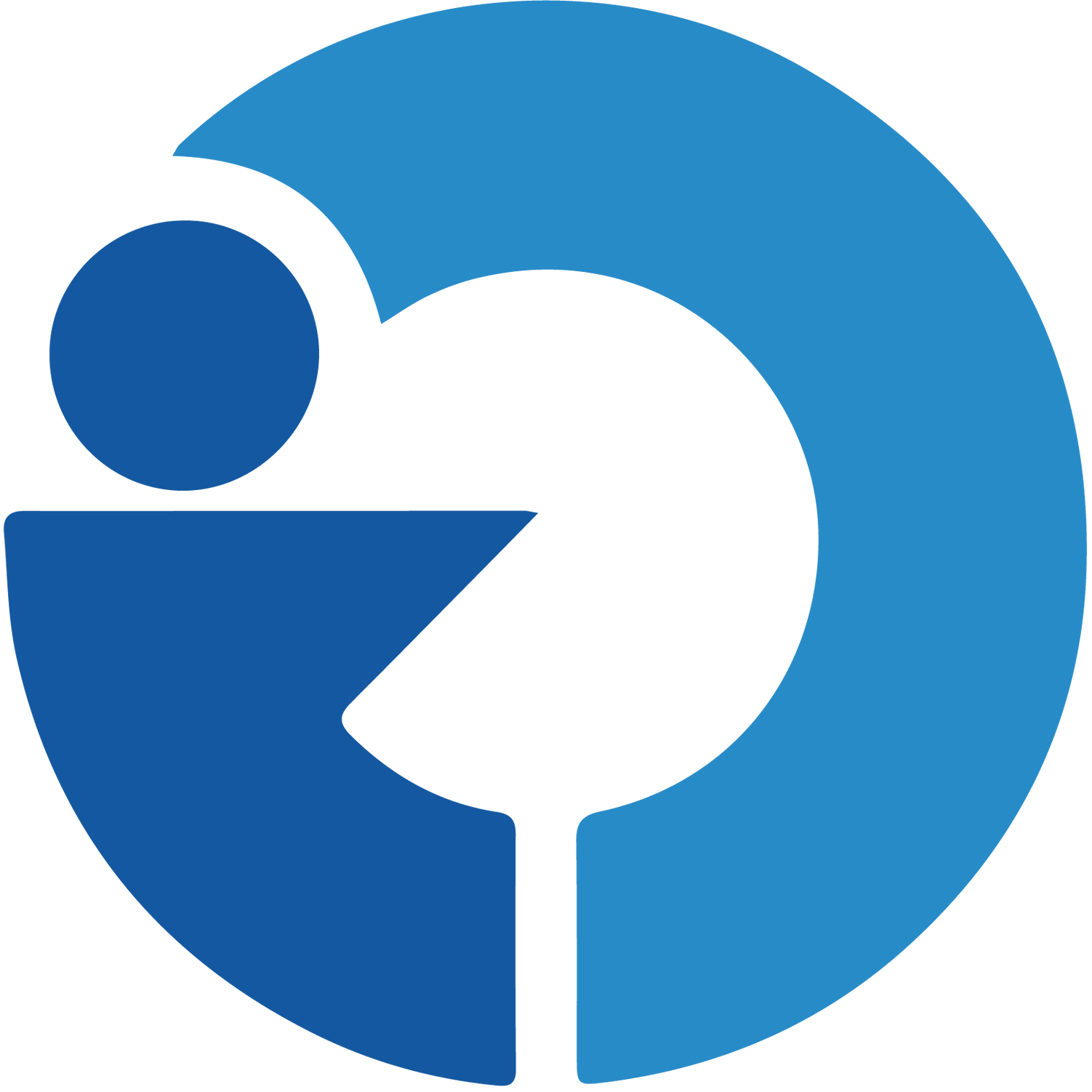 Logotipo azul com uma figura humana dentro de um círculo parcialmente azul.