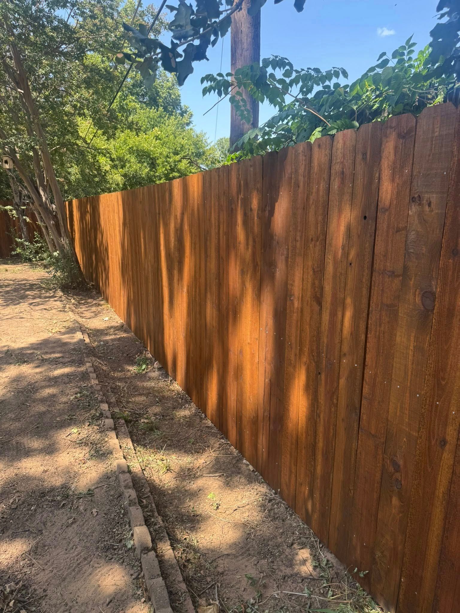 Weathered wooden fence along a dirt path, with trees in the background.