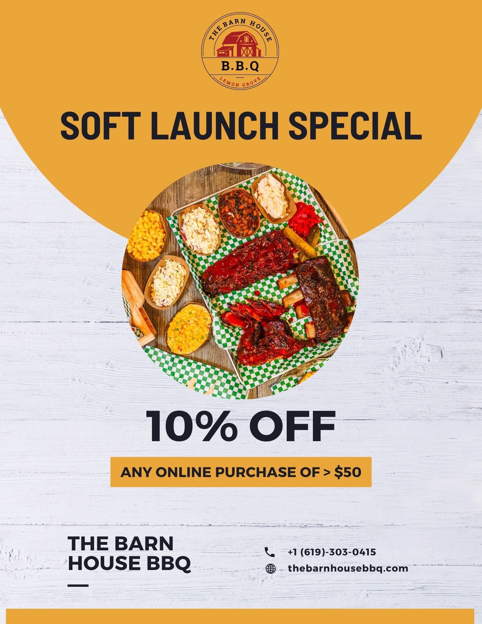 grand opening / soft launch special. 10% off any online purchase of at least $50. The Barn House BBQ sale
