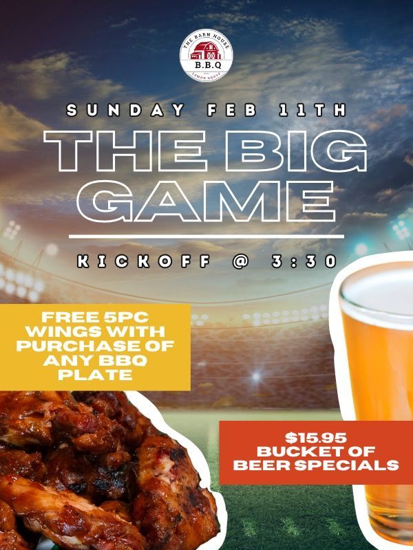 superbowl sunday special sale deal. free bucket of wings with purchase of any bbq plate. beer bucket sales at the Barn House BBQ. Superbowl game day deals in Lemon Grove San Diego
