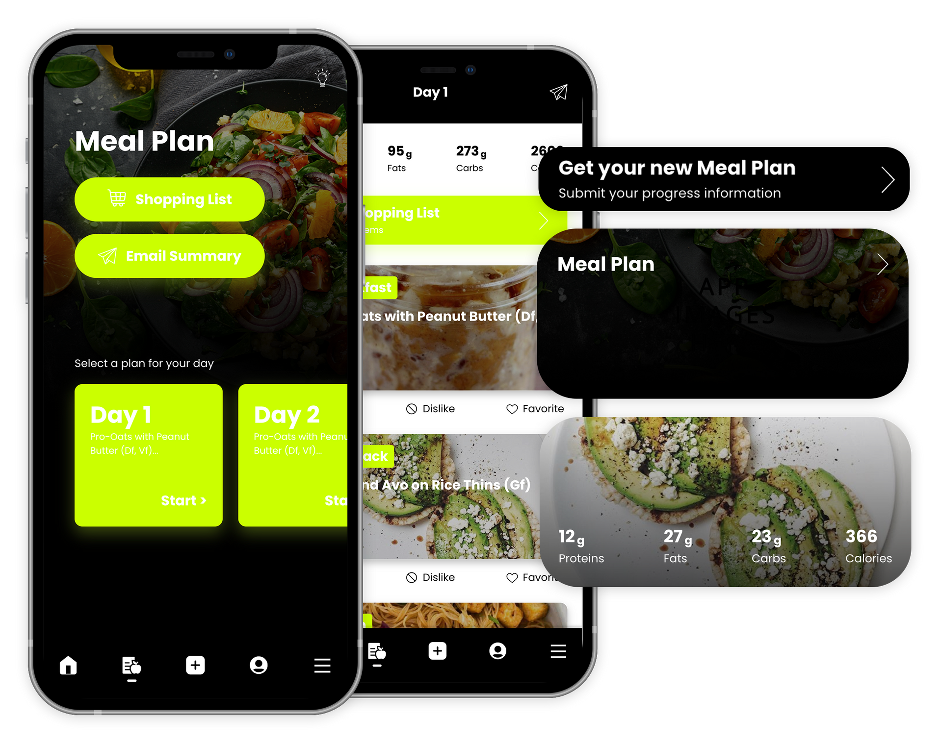 A meal plan app is displayed on two phones.