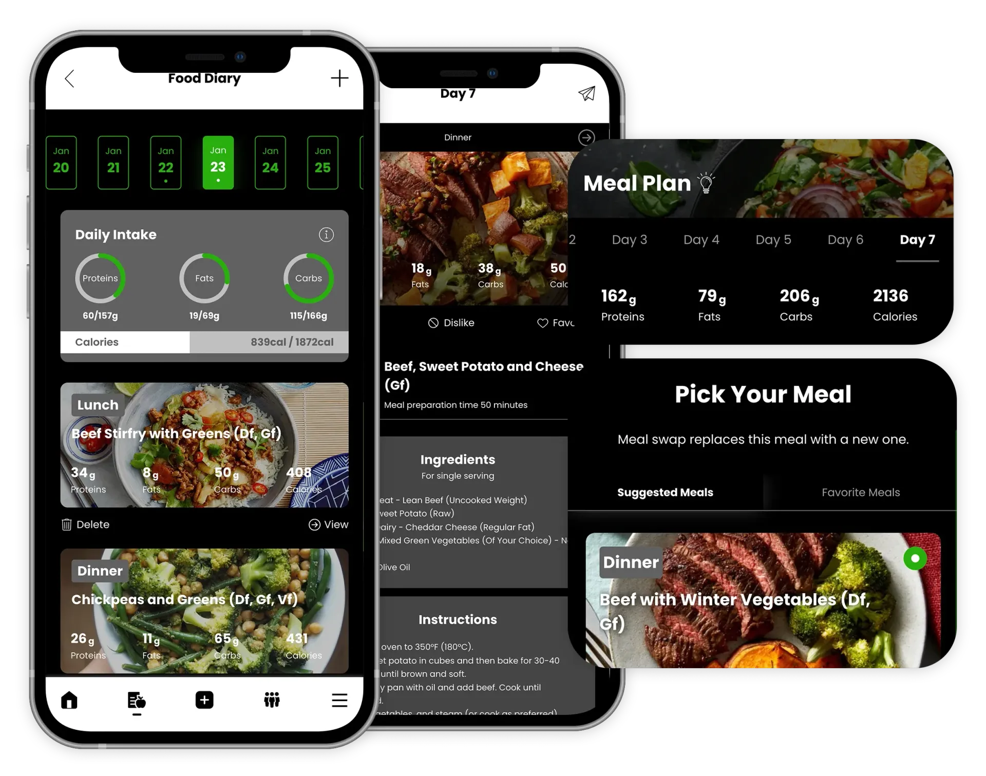 A meal plan app is displayed on two phones.