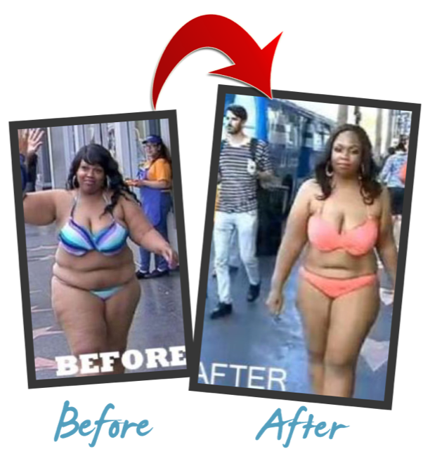 A woman in a bikini is shown before and after losing weight