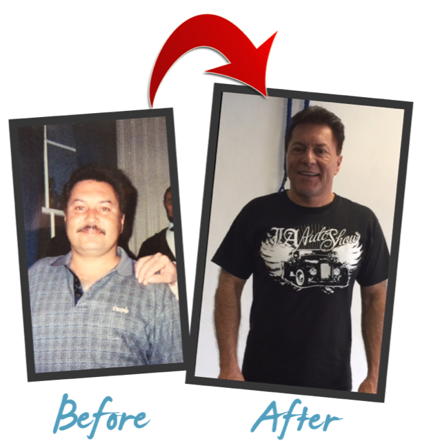 A before and after picture of a man with a mustache