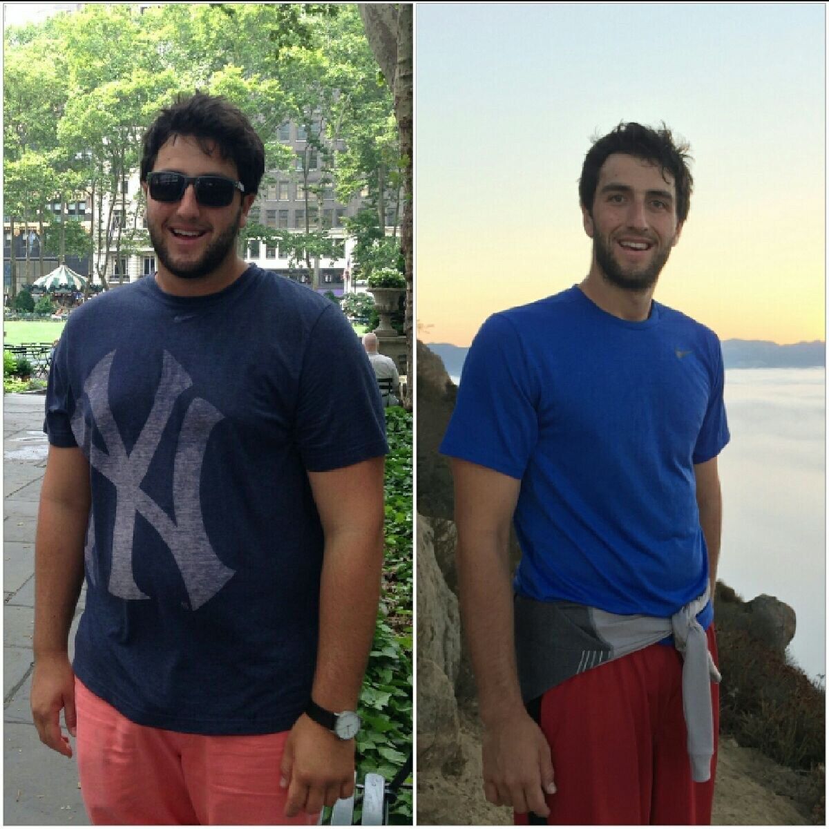 A before and after photo of a man wearing a ny yankees shirt