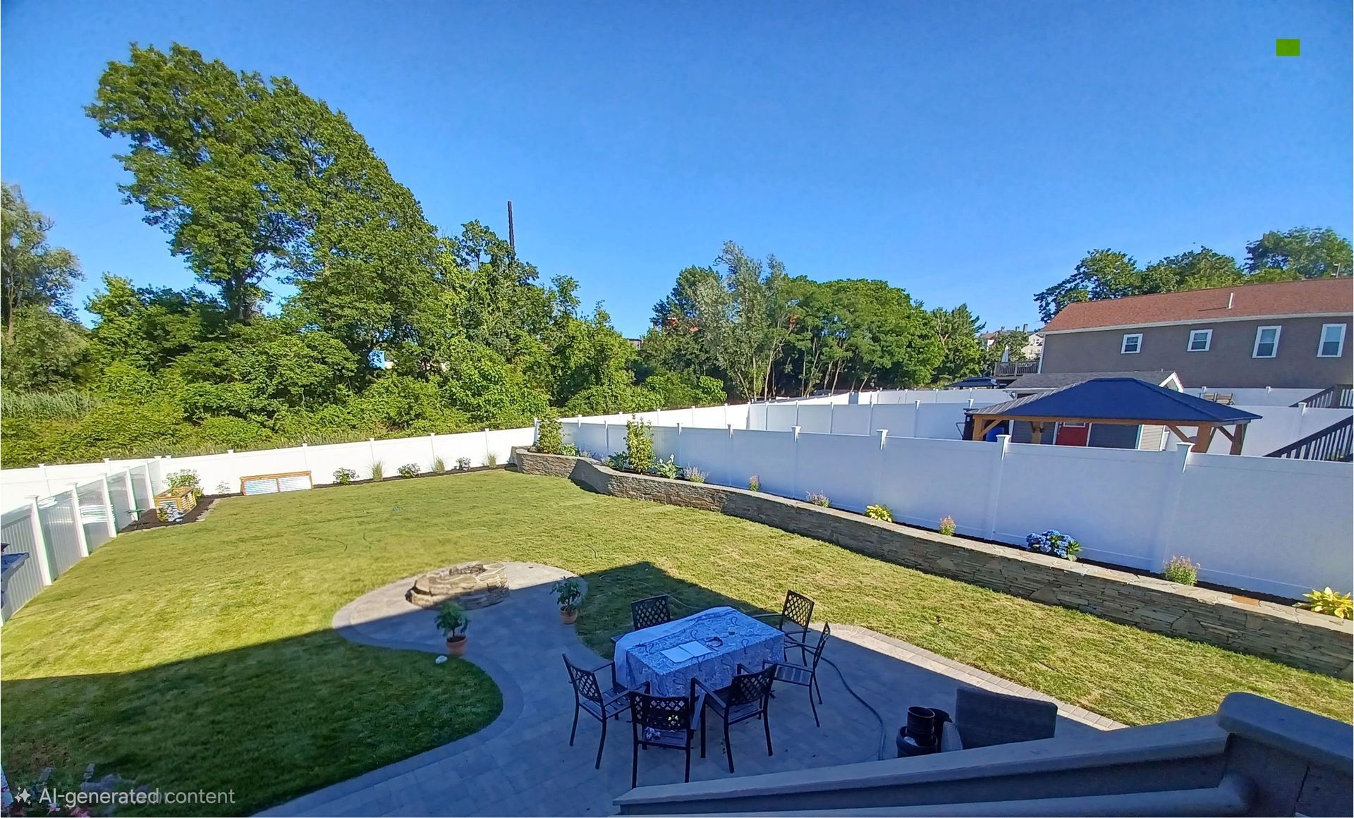 A backyard with a patio, dining table, white privacy fence, and grassy lawn under a clear blue sky.