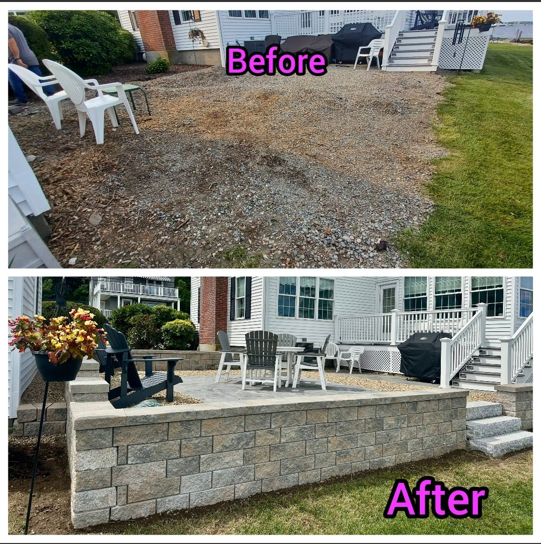 Before and after comparison of a backyard renovation featuring a newly built stone retaining wall and patio area.