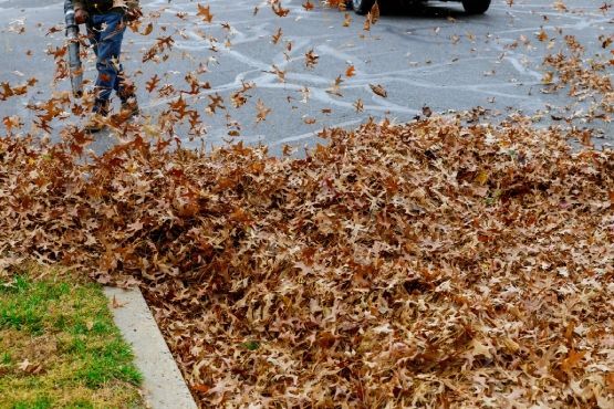 A person is blowing leaves in a parking lot.