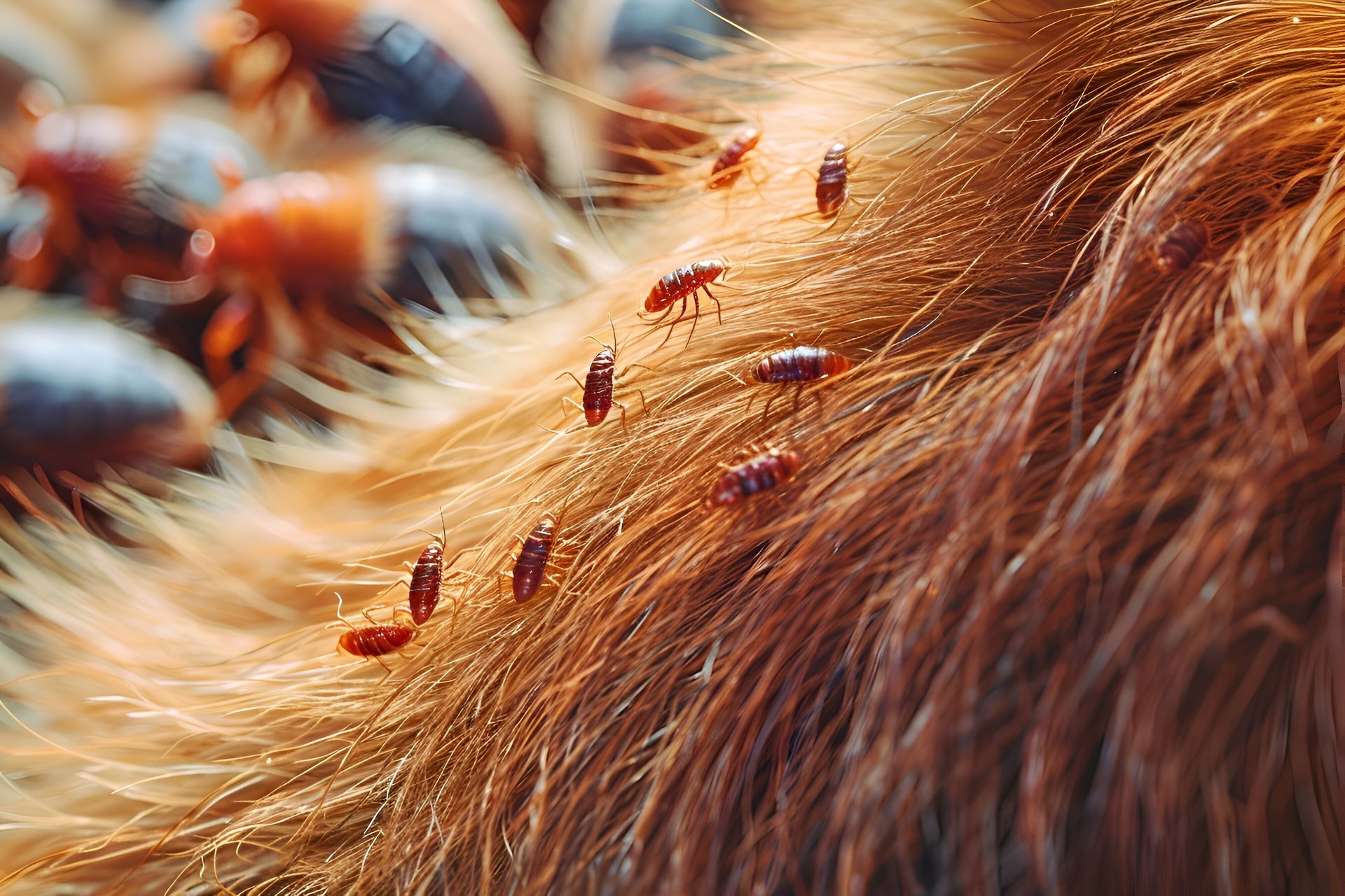 A close up of fleas on a dog 's hair.
