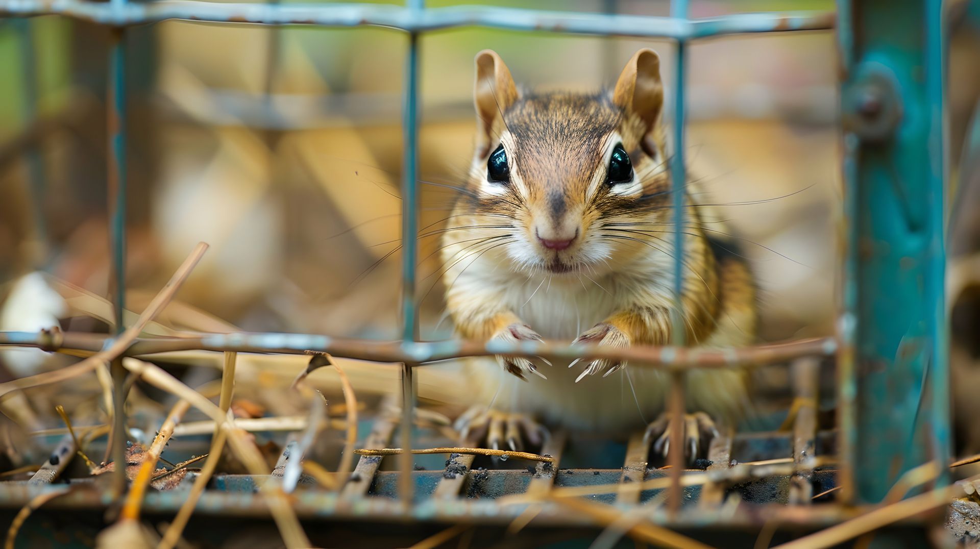 A chipmunk is sitting in a bird feeder.