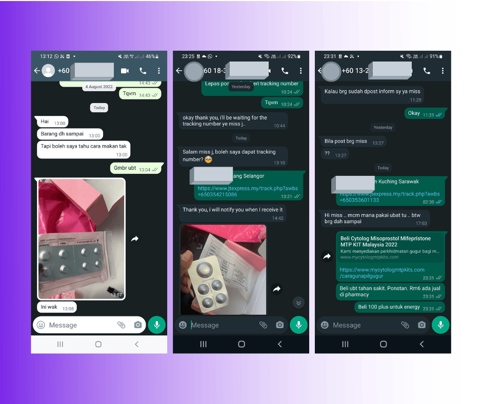 screenshot of whatsapp conversation regarding cytolog 200mcg and mtp kit