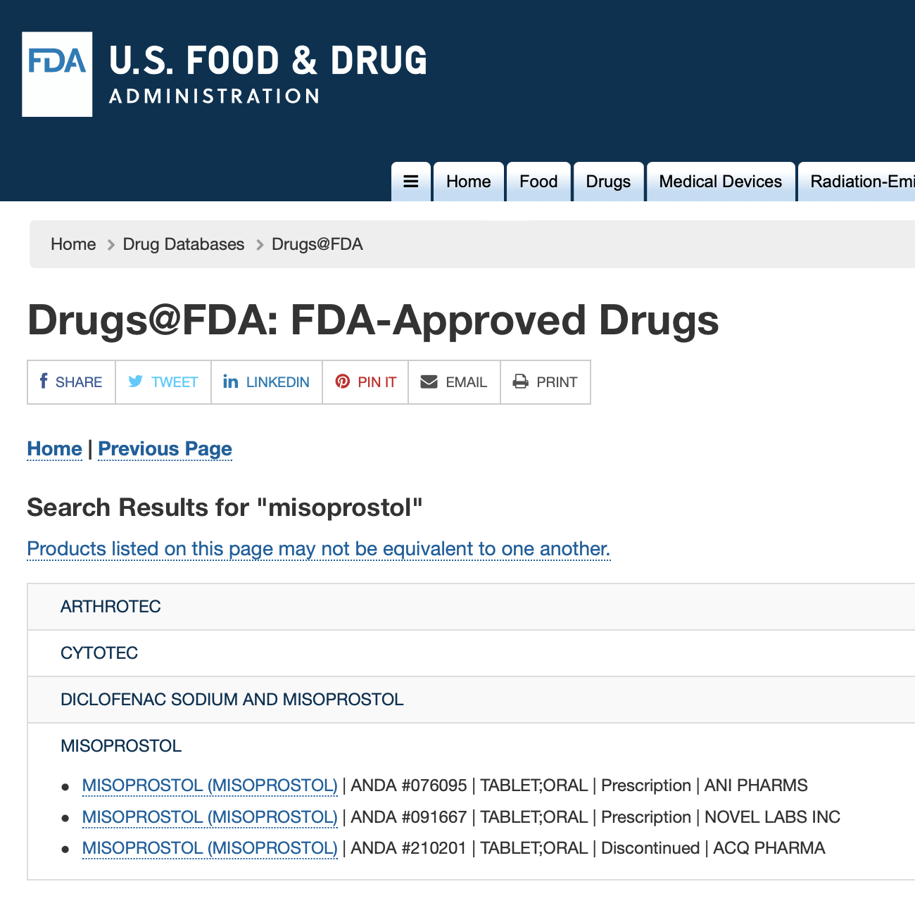 website screenshot of FDA approval drug