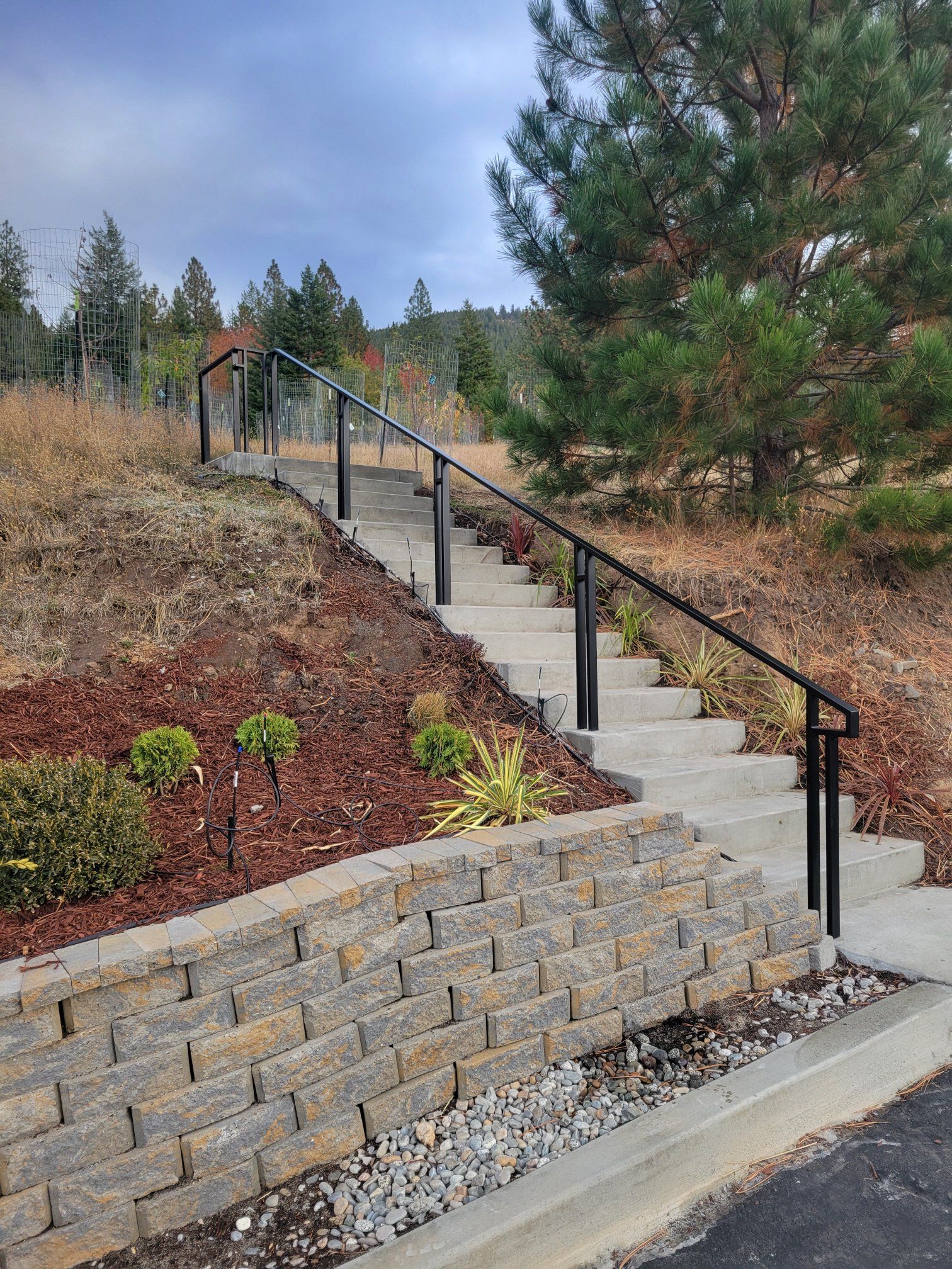 Concrete stairs with black handrails ascend a hillside. A retaining wall and landscaping are visible.