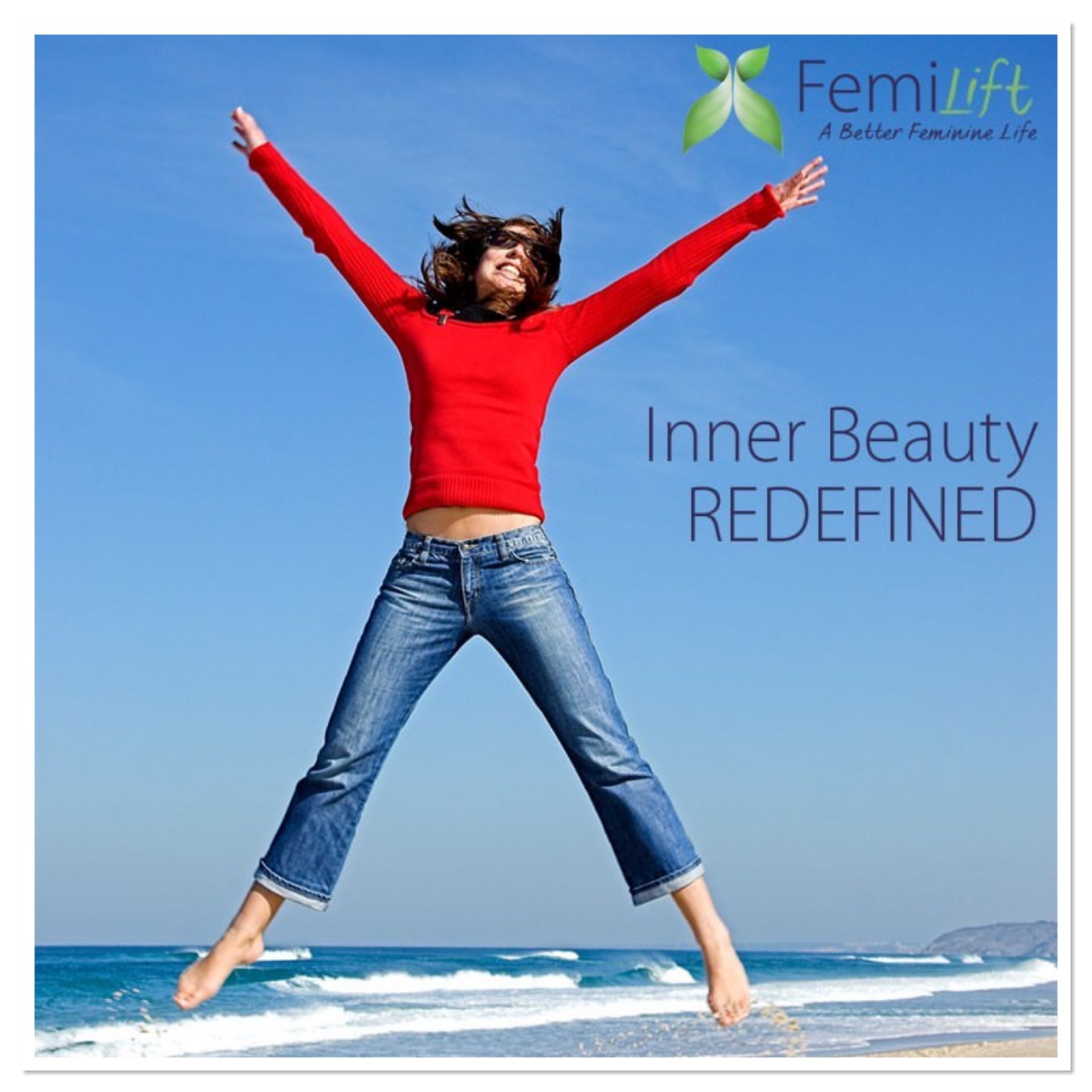 A woman jumping in the air with the words inner beauty redefined below her