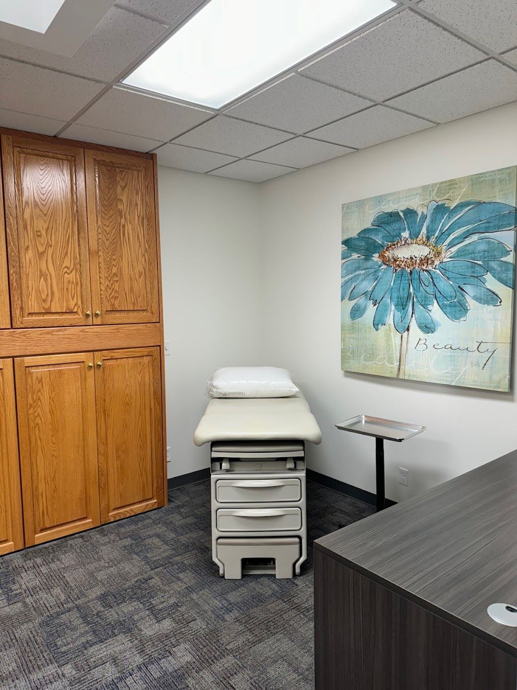 A doctor 's office with a bed and a painting on the wall.