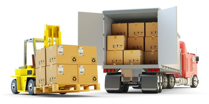Delivery truck with cardboard boxes and forklift with pallet isolated on white