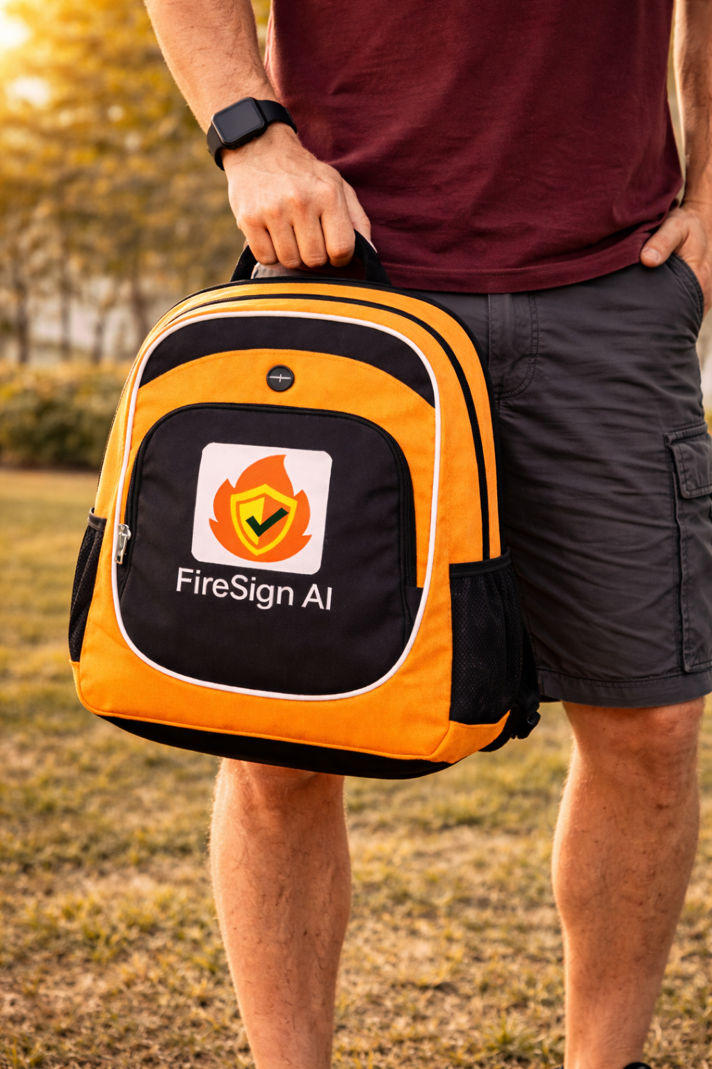 A person holds a yellow and black backpack with the 