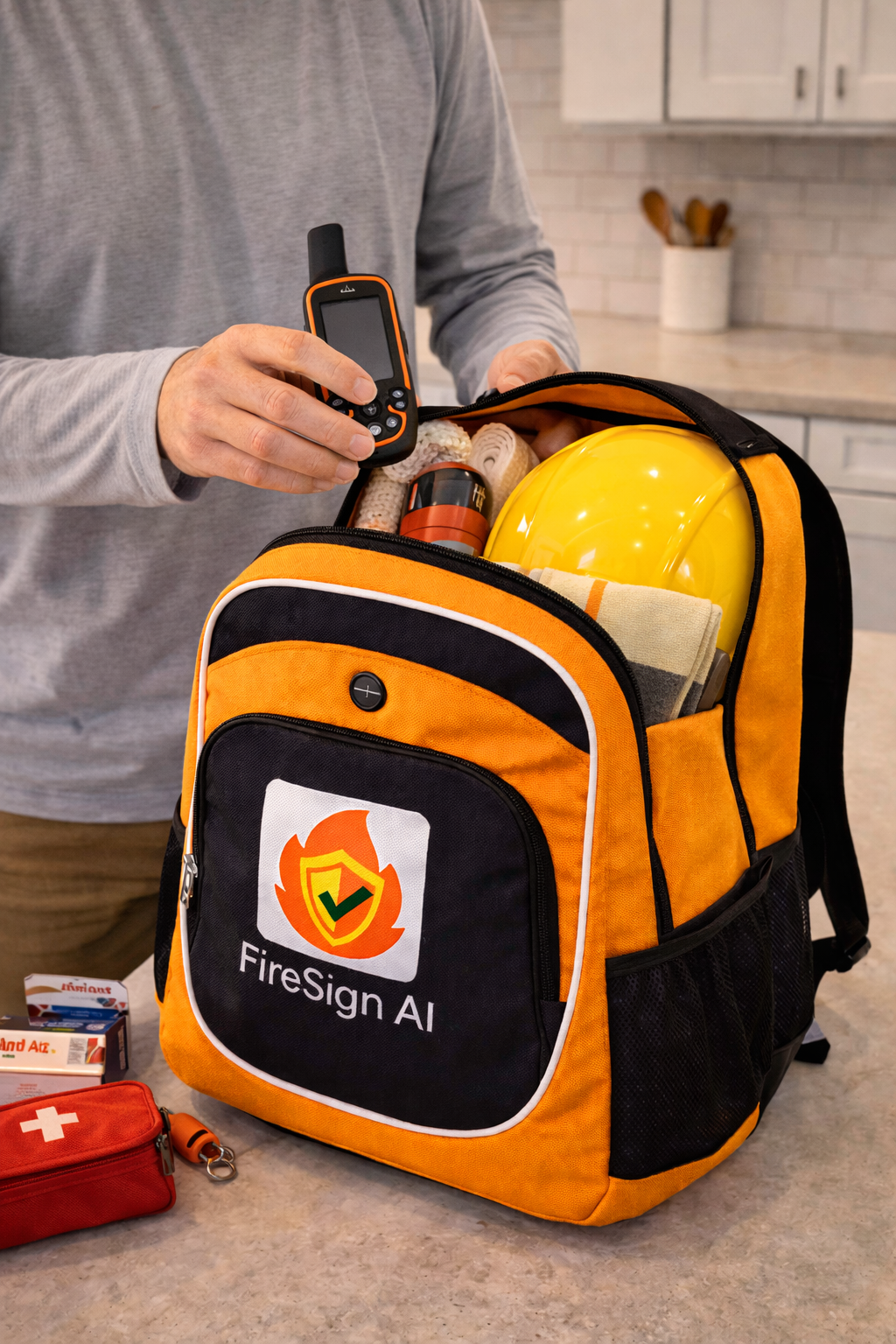 A person packing an orange and black FireSign AI backpack with a helmet and emergency equipment on a kitchen counter.