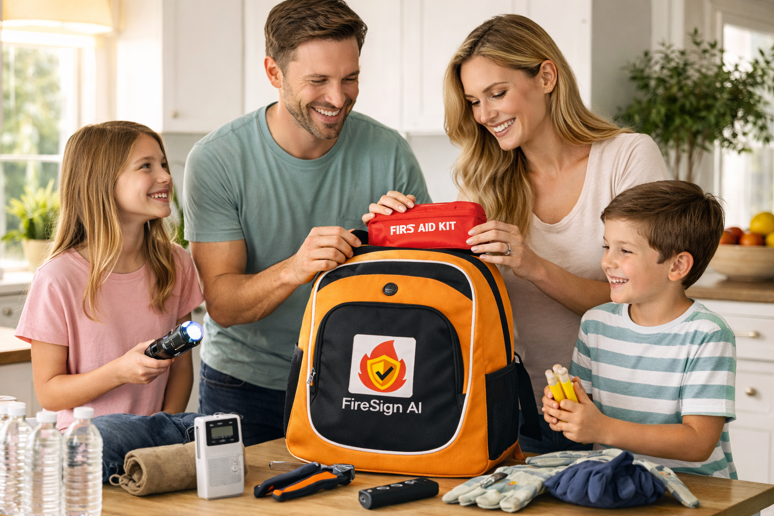 A family in a kitchen packs a yellow and black 