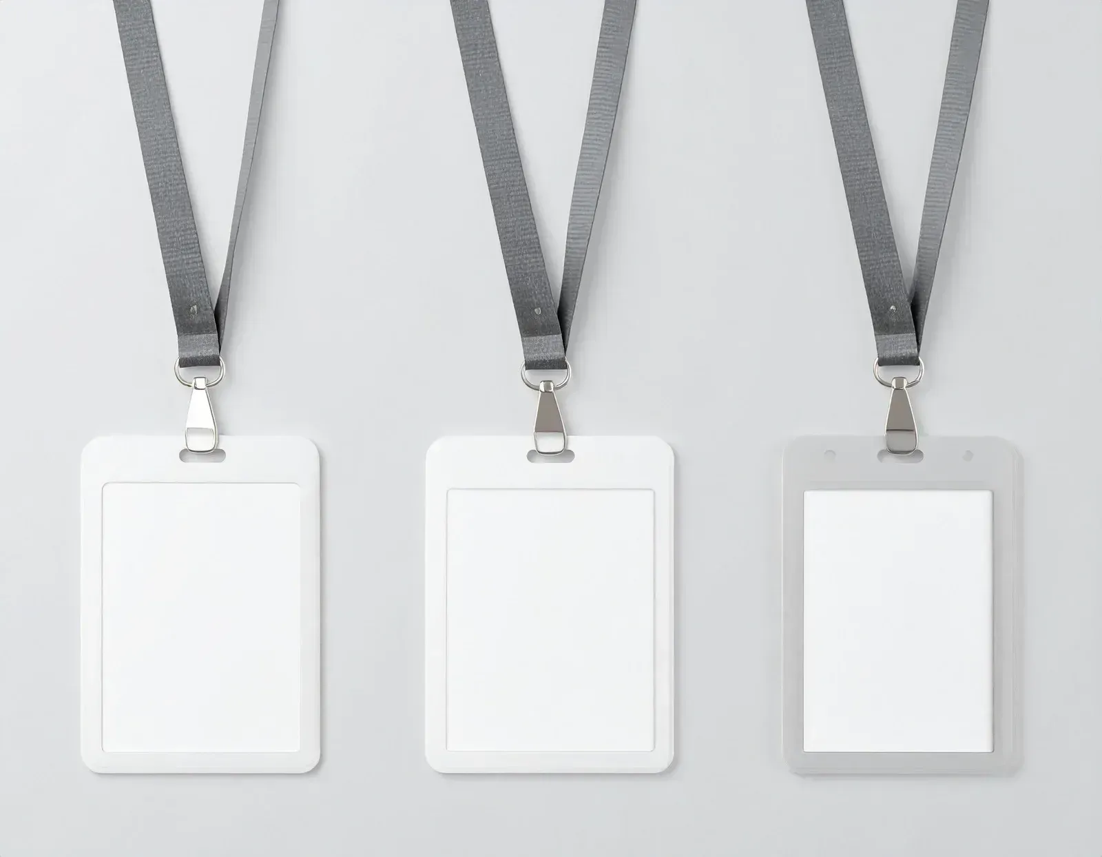 Three blank white ID badge holders with grey lanyards hanging against a plain light background.