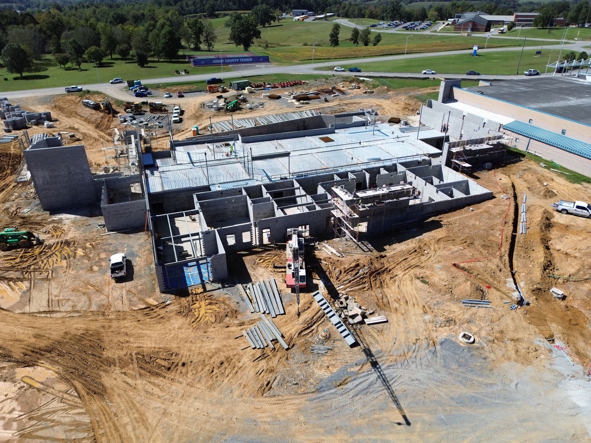 An aerial view of a large building under construction