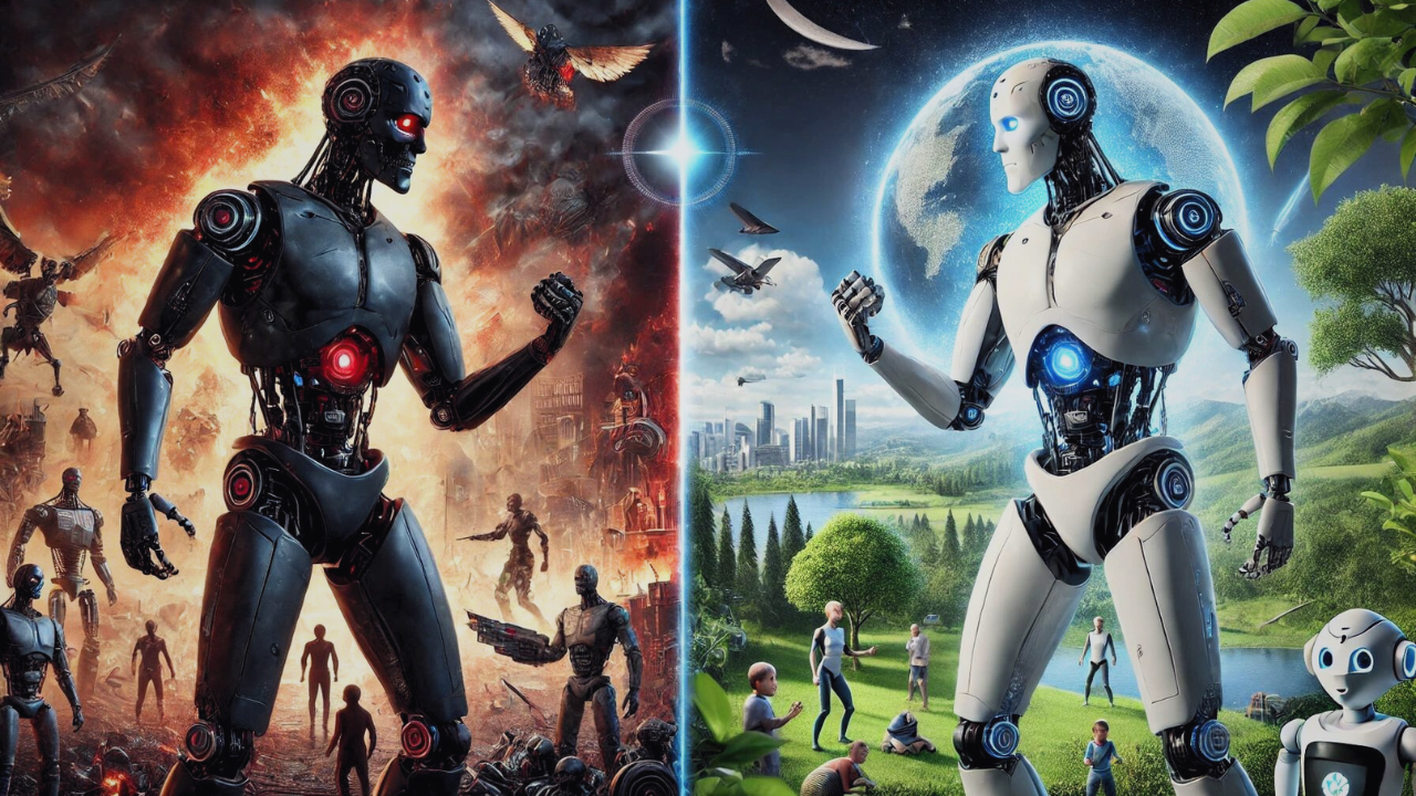 Two robots are standing next to each other in a painting.