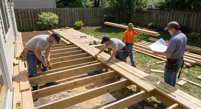 Four people building a wooden deck outdoors. One holds a blueprint; others work with lumber and tools.