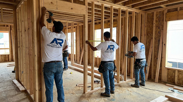 Construction workers building a wooden interior wall in a new building.