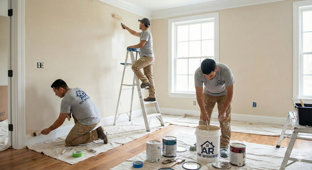 Three people painting a room: one on a ladder, two on the floor. Paint cans and drop cloths visible.