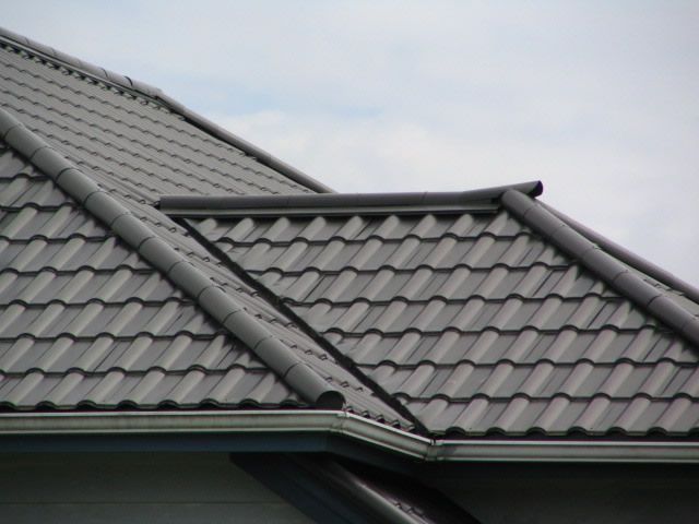 Dark gray tile roof with gutters, cloudy sky.