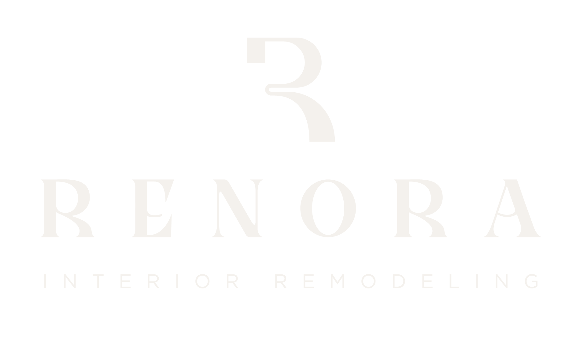 Logo for Renora Interior Remodeling, featuring a stylized 'R' icon above the brand name in a light, serif typeface.