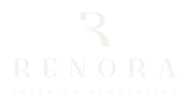 Logo for Renora Interior Remodeling, featuring a stylized 'R' icon above the brand name in a light, serif typeface.