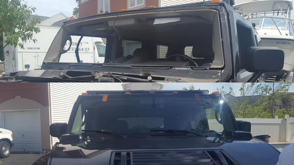Before and after photo of a jeep with a broken windshield
