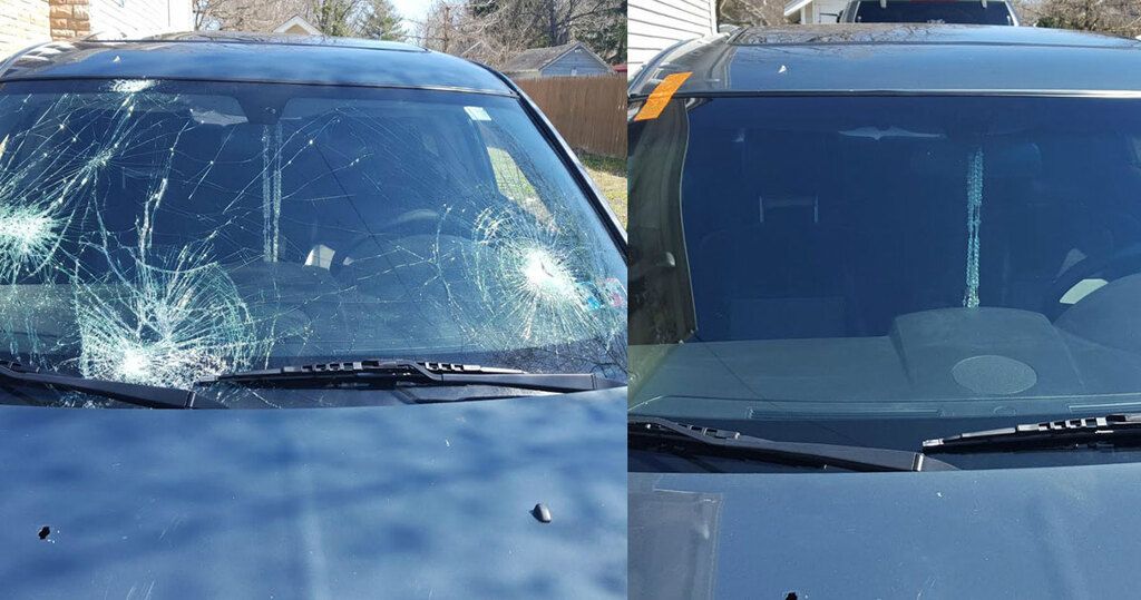 Before and after picture of a car with a broken windshield.