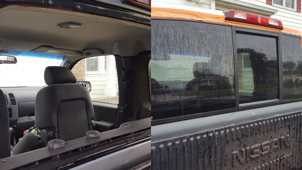 Nissan truck with a broken window and a nissan truck with a broken window.