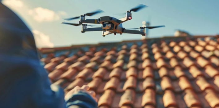 A person is flying a drone over a tiled roof.
