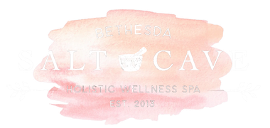 Logo for Bethesda Salt Cave Holistic Wellness Spa. Gray text on a pink watercolor wash.